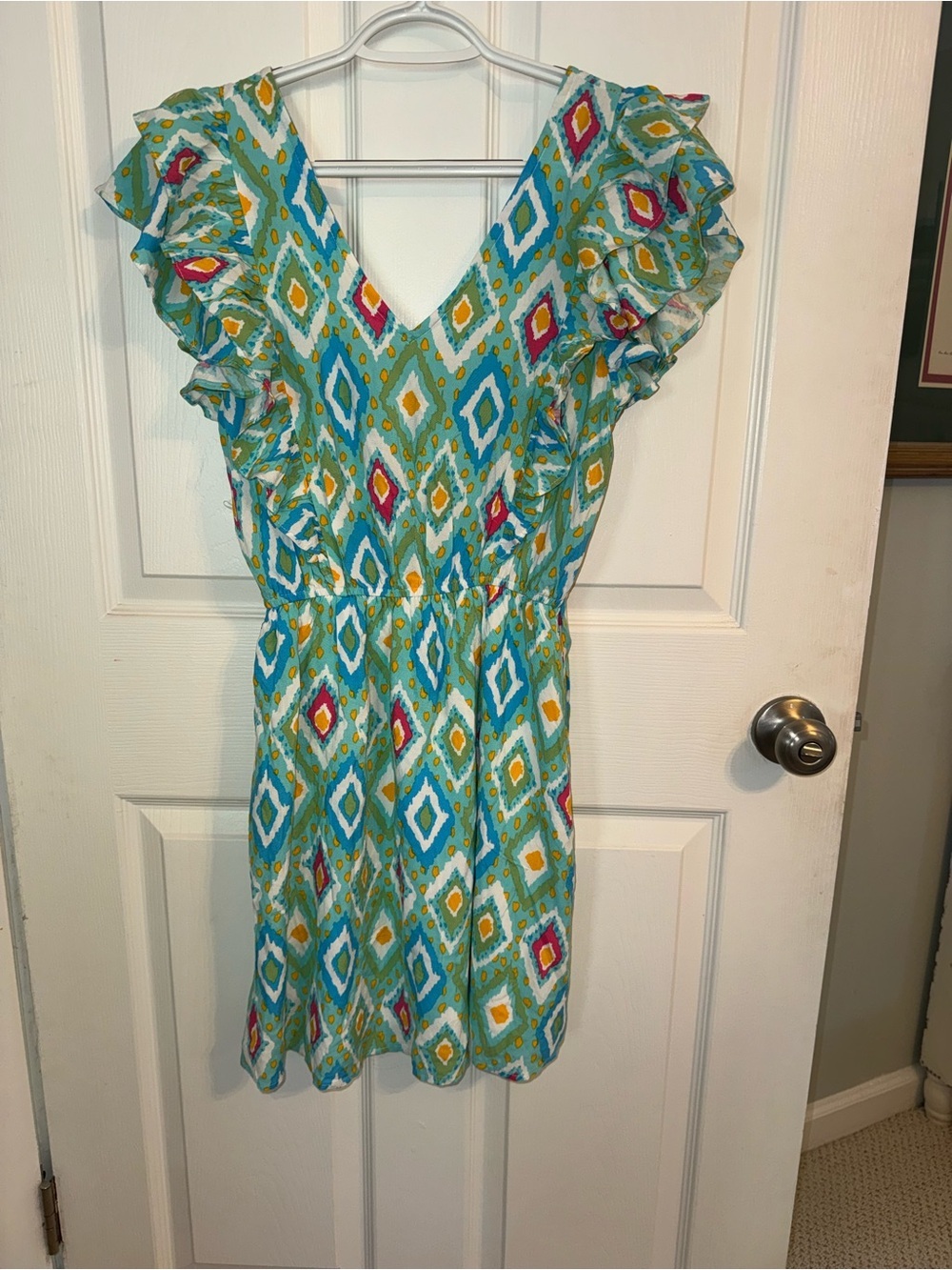 Savanna Jane Teal Ikat V-Neck Ruffle Mini Dress with Bright Accents